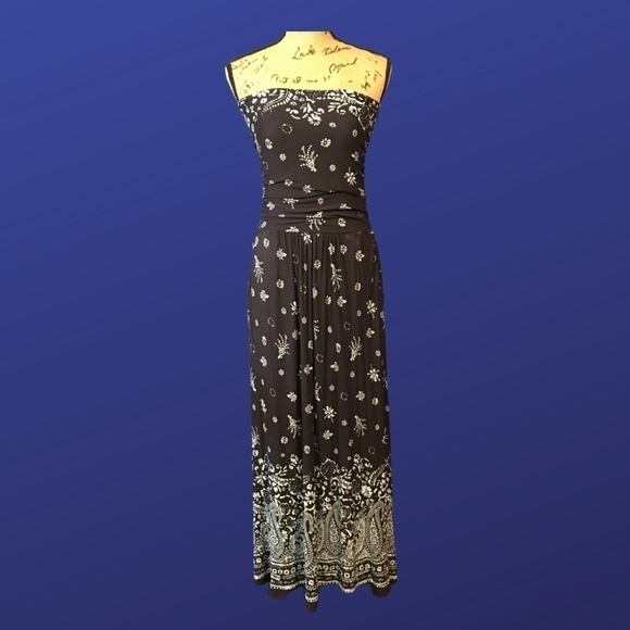 Lascana Strapless MAXI Dress, NAVY/LIGHT BLUE FLORAL BANDANA PRINT, Size 6, NWT*